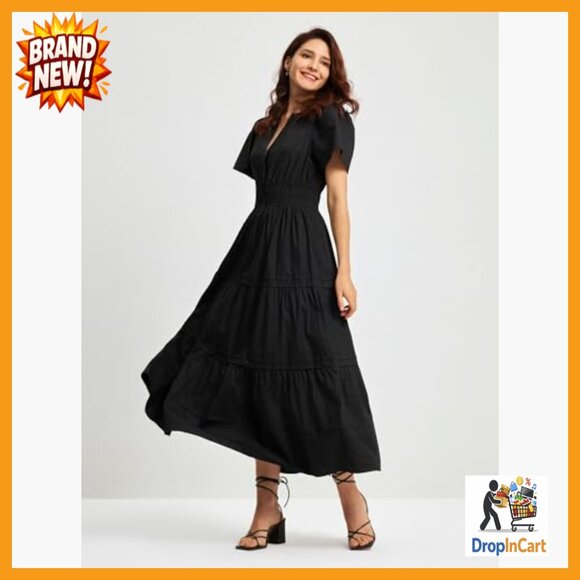 V-Neck Maxi Dress A-Line Casual Elegant Tiered Cotton Summer Midi - Picture 5 of 7